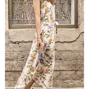 Amour Vert Louisa Dress Womens XS Cream Garden Floral  Silk Belted Midi Wedding